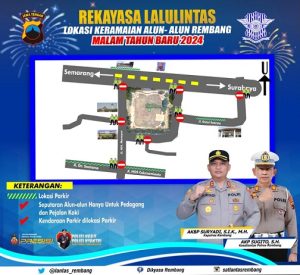 Peta rekayasa lalu lintas di Alun-Alun Rembang pada malam tahun baru 2024.