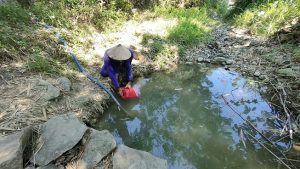 Warga Desa Lemahputih mengambil air di jomblang, tengah aliran sungai yang mengering.