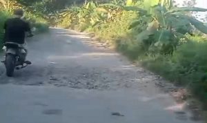 Jalan perbatasan Desa Mrayun dan Desa Ngajaran Kecamatan Sale yang kondisinya berbeda jauh. Begitu masuk Ngajaran, langsung disambut jalan rusak parah.
