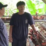 Guru SMK Muhammadiyah Pamotan, Faqihuddin Hakimi mengobrol dengan siswanya Khoirul Anwar, yang memiliki usaha ayam petelur.