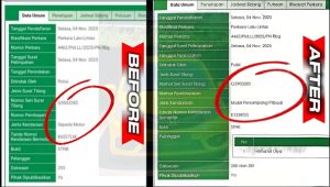 Sebelum dan sesudah pembetulan data tilang terhadap pembawa mobil Brio kuning yang diduga menggunakan plat nomor palsu. (tangkapan layar SIPP Pengadilan Negeri Rembang).
