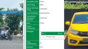 Kolase Satlantas Polres Rembang, register penilangan dan mobil Brio kuning yang diduga memakai plat nomor palsu.