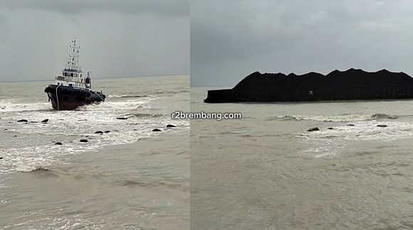 Ombak Besar Angin Kencang, Tongkang Kandas Hantam Batu Karang
