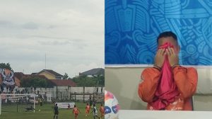 Muhammad Ubaid tak kuasa menahan tangis ketika konferensi pers, Rabu sore.