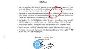 Keputusan Komdis PSSI Jawa Tengah, kepada PSIR Rembang.