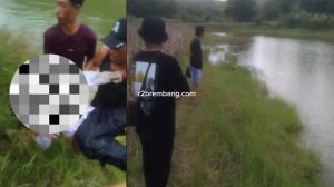 Korban tenggelam di Embung Lodan, Kecamatan Sarang, dievakuasi warga, Minggu sore (08/03/2026).
