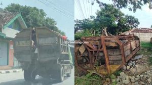 Truk sampah melaju di Lasem, dengan kondisi bak rusak. Di bengkel perbaikan, deretan kontainer sampah mengalami kerusakan.