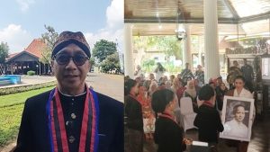 Ketua Permadani Kabupaten Rembang, Edi Kiswanto. Isteri Wakil Presiden, Selvi Gibran menyerahkan foto RA. Kartini kepada peserta Kirab Pataka, di Pendopo Museum Kartini, Selasa (21/04).