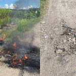 Motor terbakar dan jalan rusak di Desa Tuyuhan, Kecamatan Pancur, Jum’at (24/04).