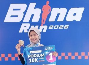Nafeeza Joza Hyndrawan, meraih juara 1 lari 10K kategori wanita, Bhina Run 2026, Minggu (10 Mei 2026).