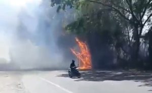 Seorang pengendara sepeda motor menembus pekatnya asap di jalur Pantura Desa Tanjungan Kecamatan Kragan, Senin siang (24/08).