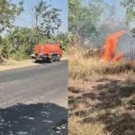 Polisi membantu pengaturan lalu lintas, saat kebakaran lahan di sekitar GOR Mbesi Rembang, Minggu sore (13/09).