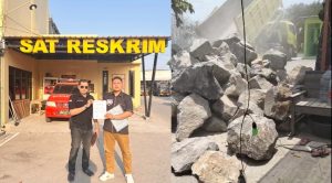 Dua kuasa hukum pelapor, menunjukkan bukti tanda penerimaan laporan di Polres Rembang, Kamis sore. (kolase) tumpukan batu yang ditumpahkan dari atas truk di Desa Babak Tulung Kecamatan Sarang, Rabu kemarin.
