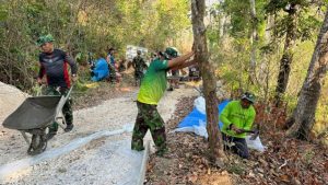 Penebangan pohon di sekitar akses jalan beton, program TMMD reguler ke-130 di Desa Ngajaran Kecamatan Sale.